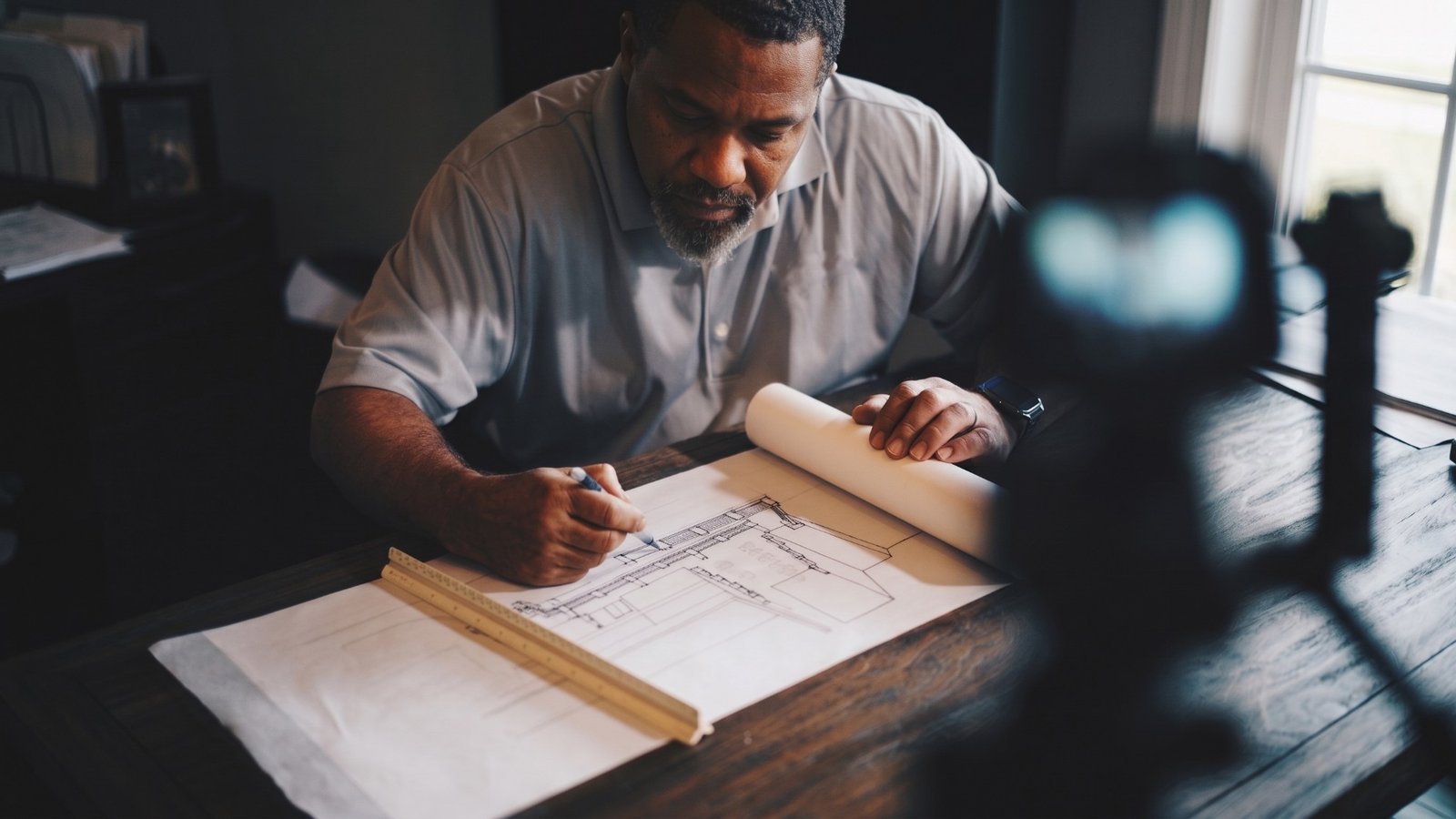 Architect drawing a building elevation by hand on plans with a scale ruler