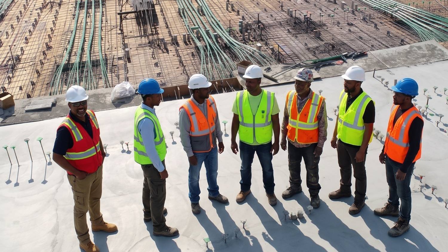 Construction team in hard hats and safety vests gathered on a concrete deck above a reinforcement layout