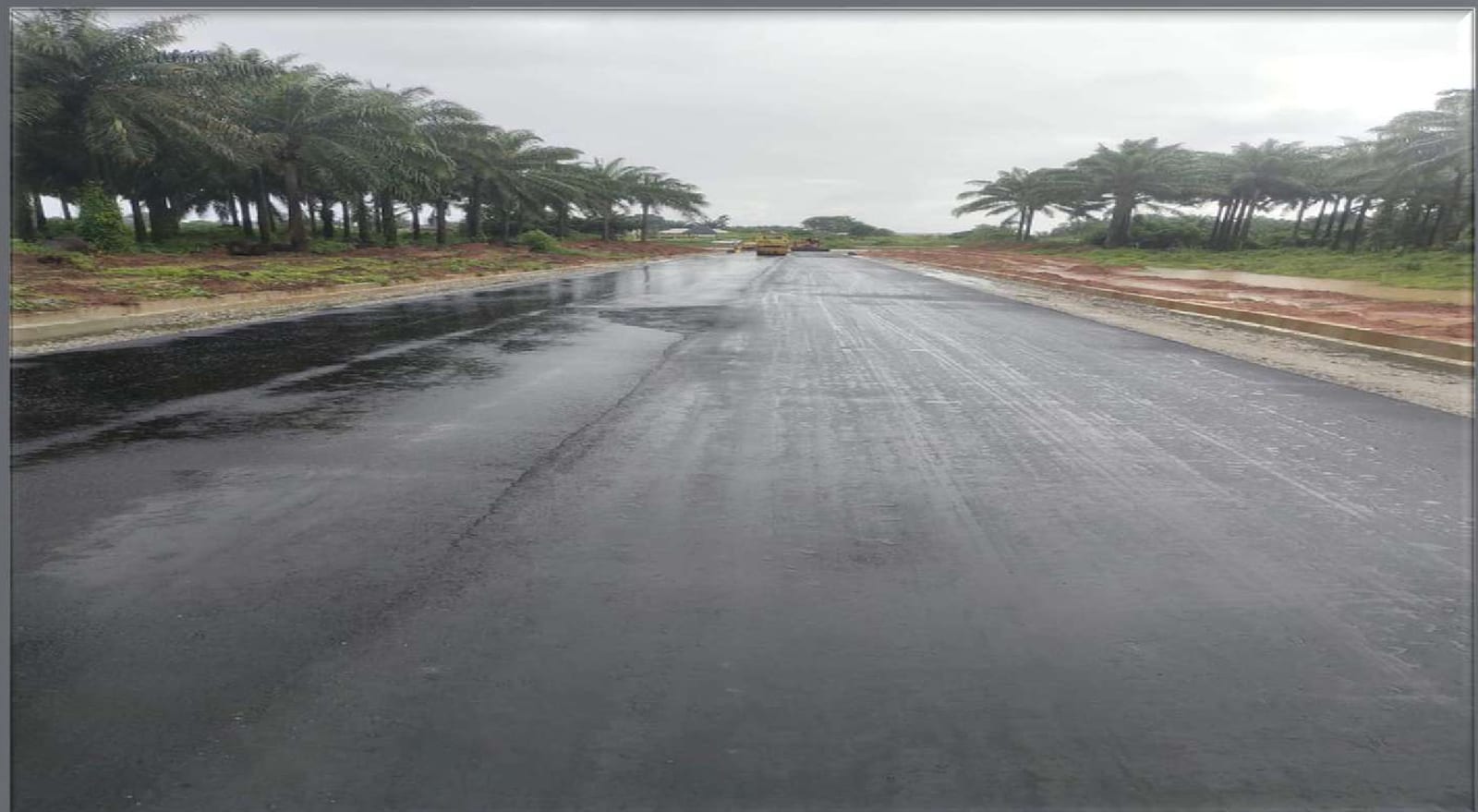 Newly surfaced asphalt road lined with oil palms in the Obaretin corridor, Ikpoba-Okha