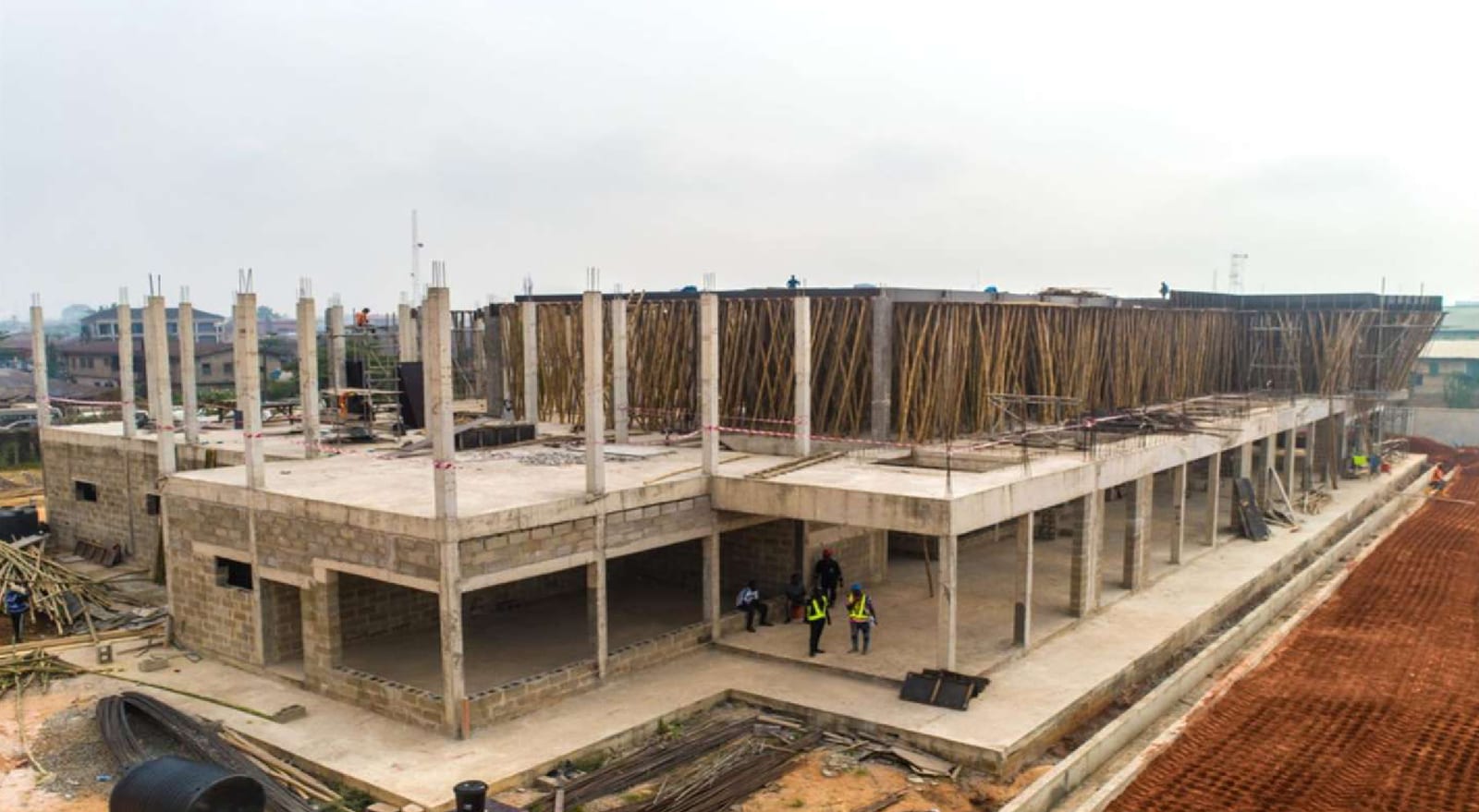 Reinforced-concrete frame of the two-storey Benin Central Bus Terminal building under construction