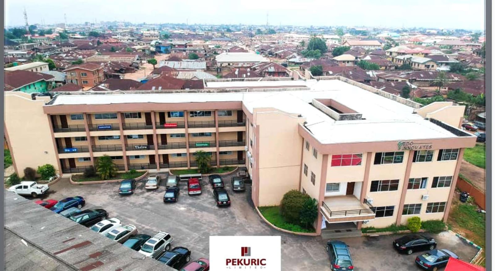 Aerial view of the South-South Innovation Hub building and car park in Benin City