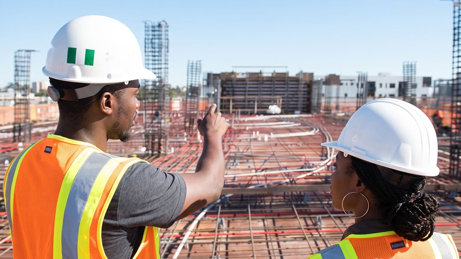 Two site engineers in hard hats and safety vests reviewing the steel reinforcement layout on a building site